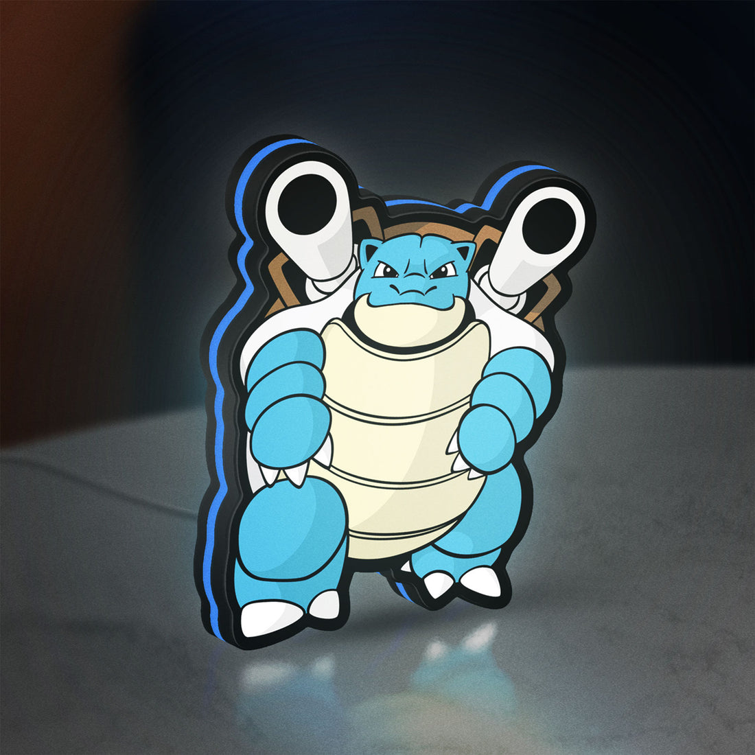 Blastoise LED lightbox hanging on a wall with blue glow