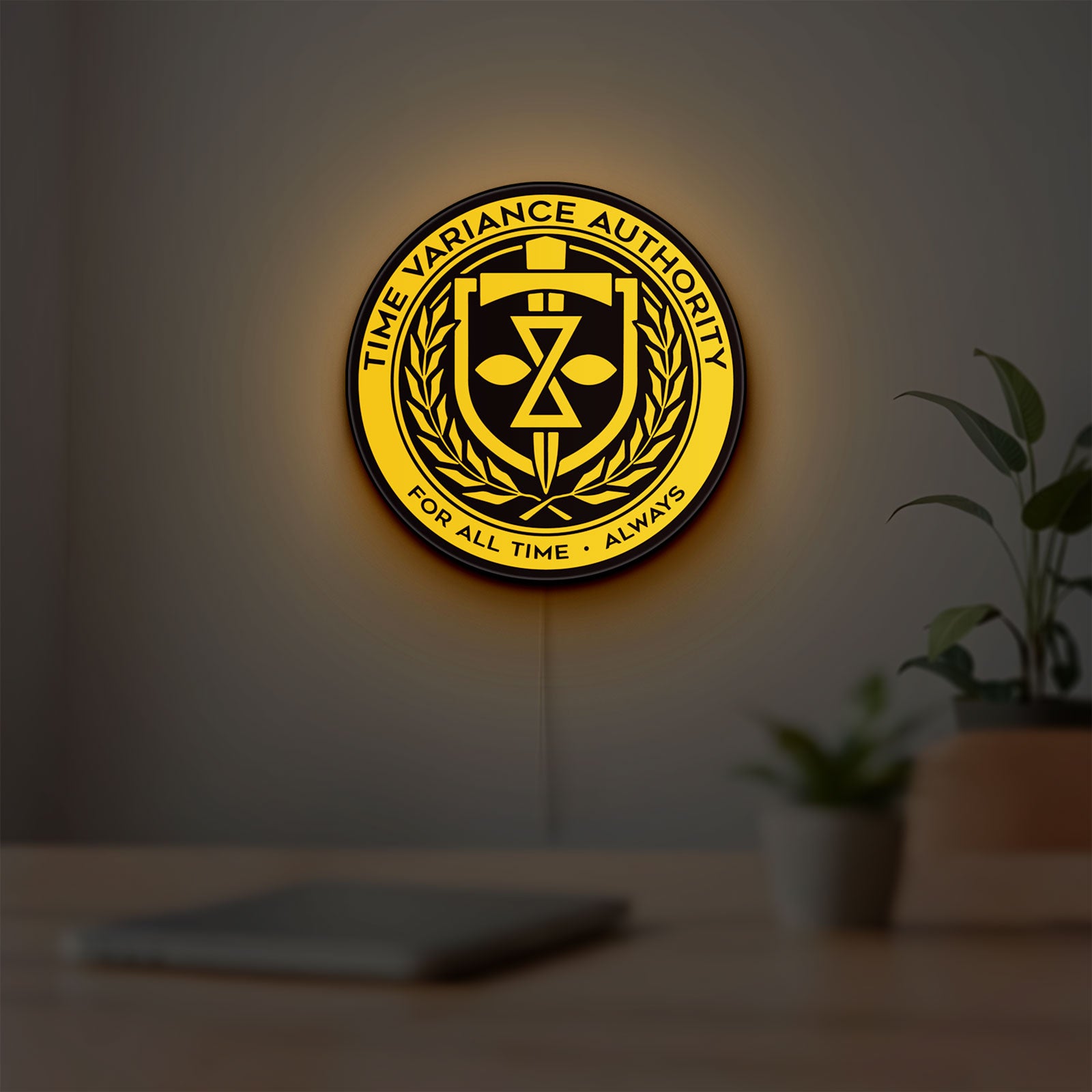 TVA LED lightbox hanging on a room wall with soft yellow light