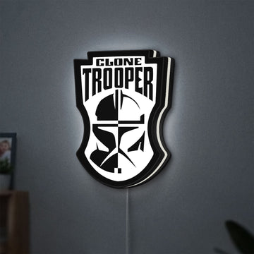 Clone Trooper LED lightbox hanging on a wall with white glow