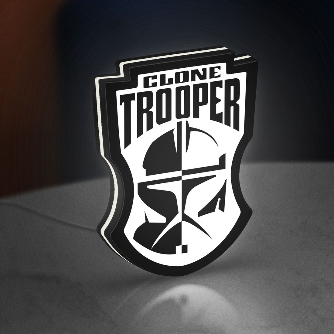 Clone Trooper LED lightbox hanging on a wall with white glow