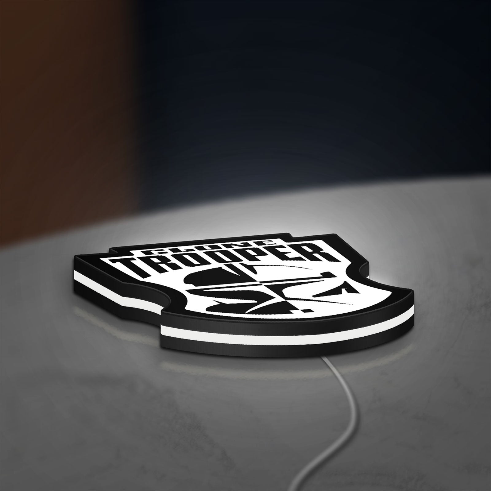 Clone Trooper LED lightbox lying flat on a desk with white glow