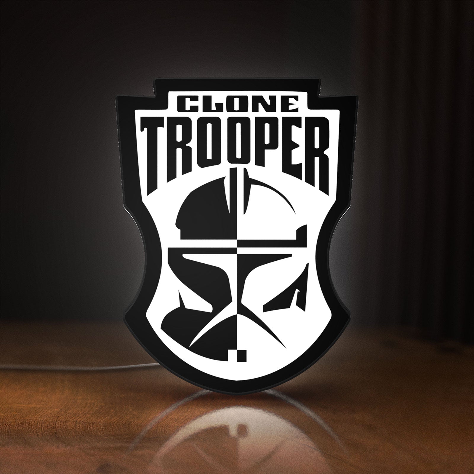 Front view of Clone Trooper LED lightbox sign glowing on a wooden desk