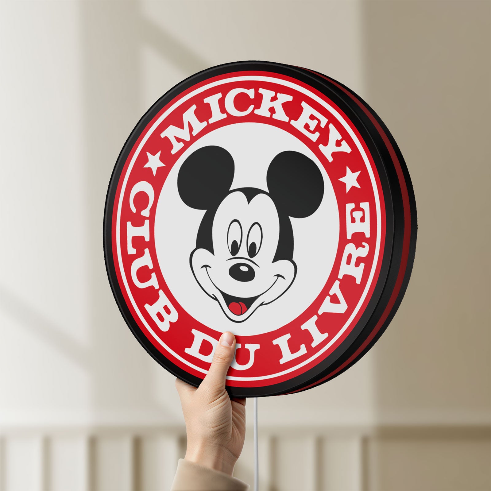 Unlit Mickey Club Du Livre LED lightbox held by hand to show size and details