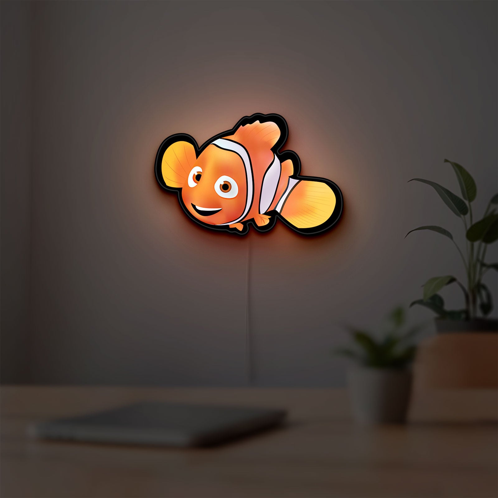 Sharan Rudrox Nemo Mesh LED lightbox hanging on a room wall with soft orange light