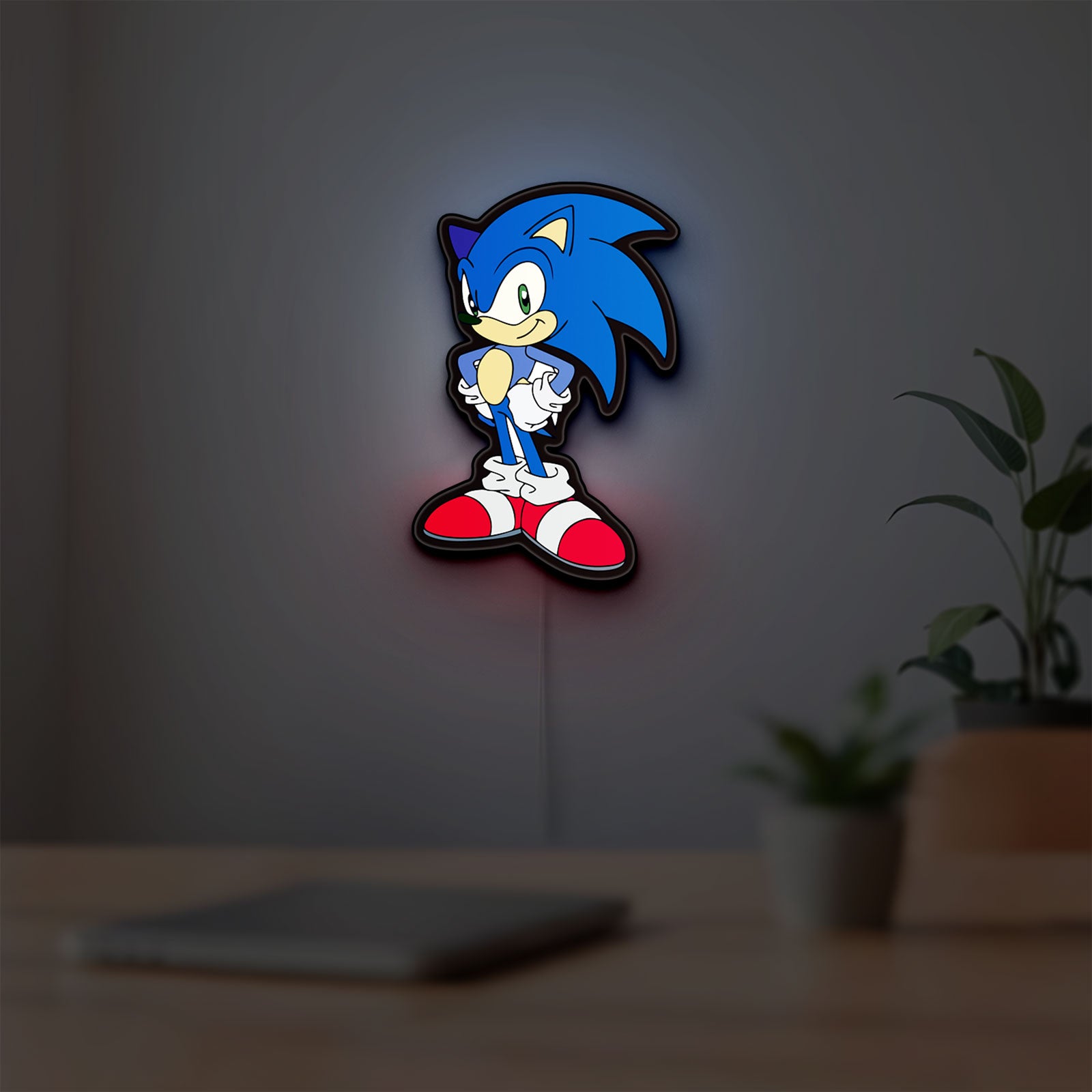 Sonic Hedgehog LED lightbox hanging on a room wall with soft blue light