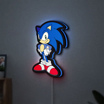 Sonic Hedgehog LED lightbox hanging on a wall with blue glow