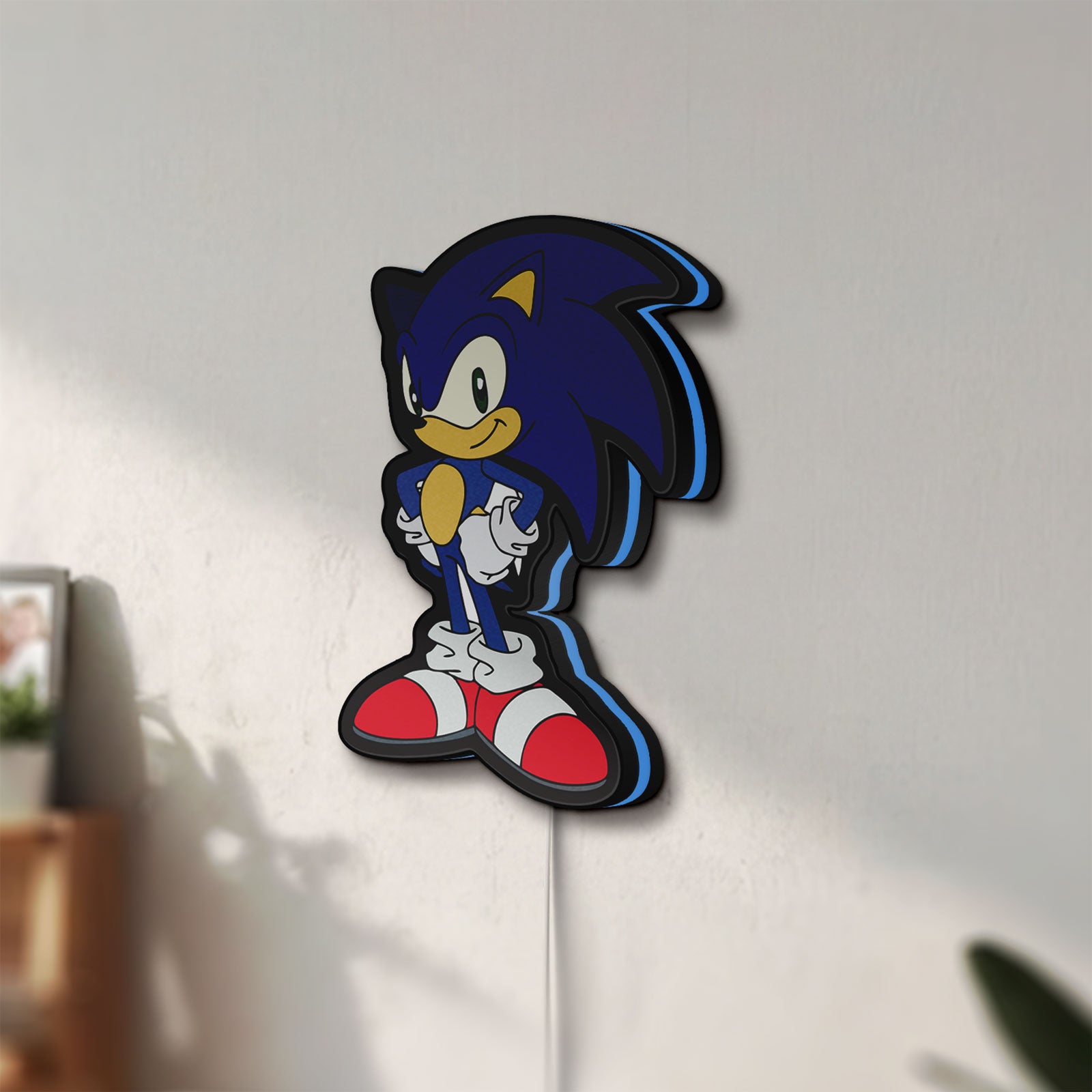 Unlit Sonic Hedgehog LED lightbox mounted on a wall in daylight