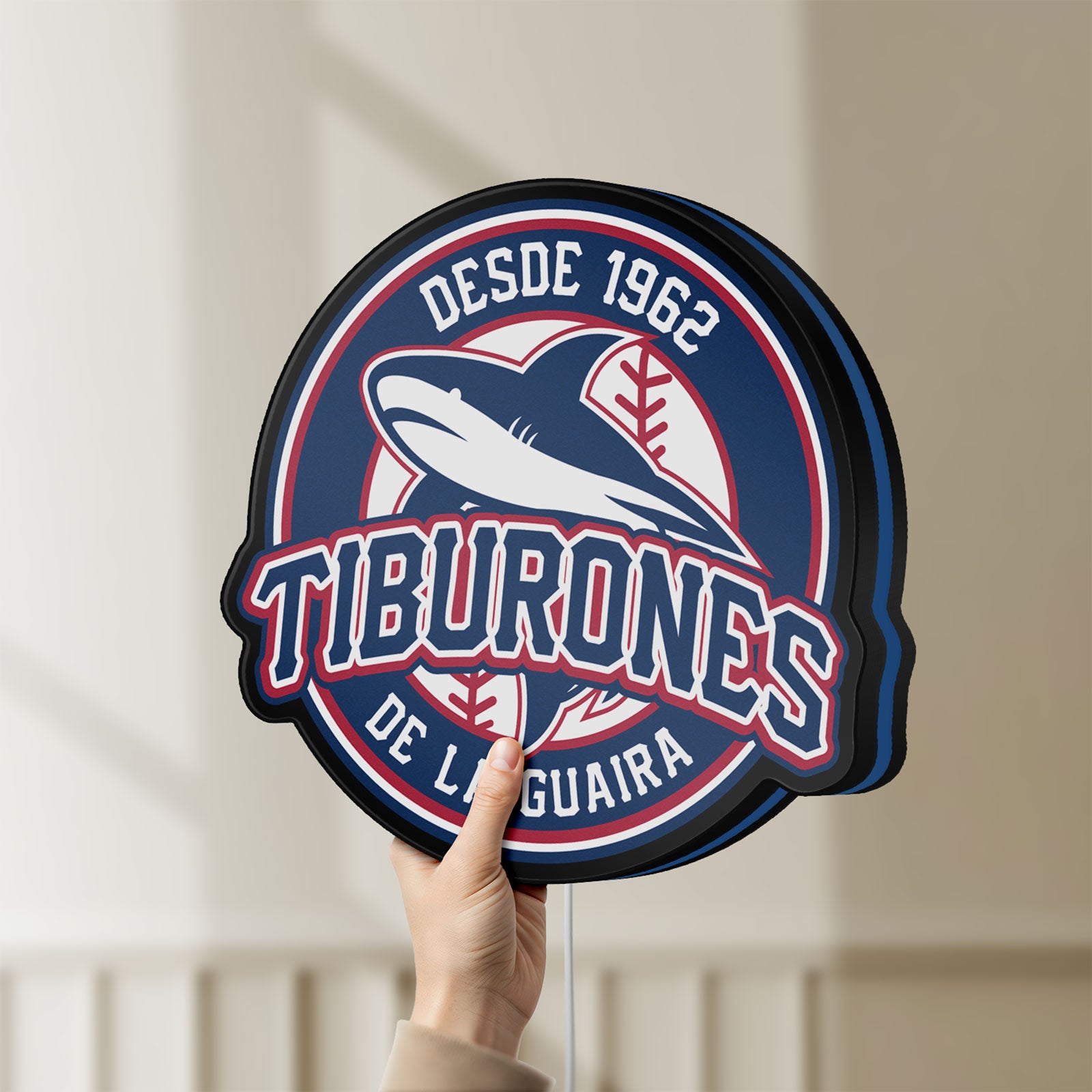 Unlit Tiburones De La Guaira LED lightbox held by hand to show size and details