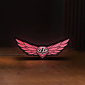 Front view of Troy Lee Designs LED lightbox sign glowing on a wooden desk