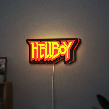 Hellboy LED lightbox hanging on a wall with red glow