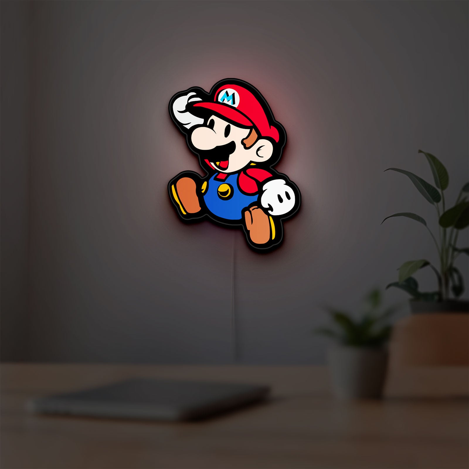 Super Mario LED lightbox hanging on a room wall with soft white light