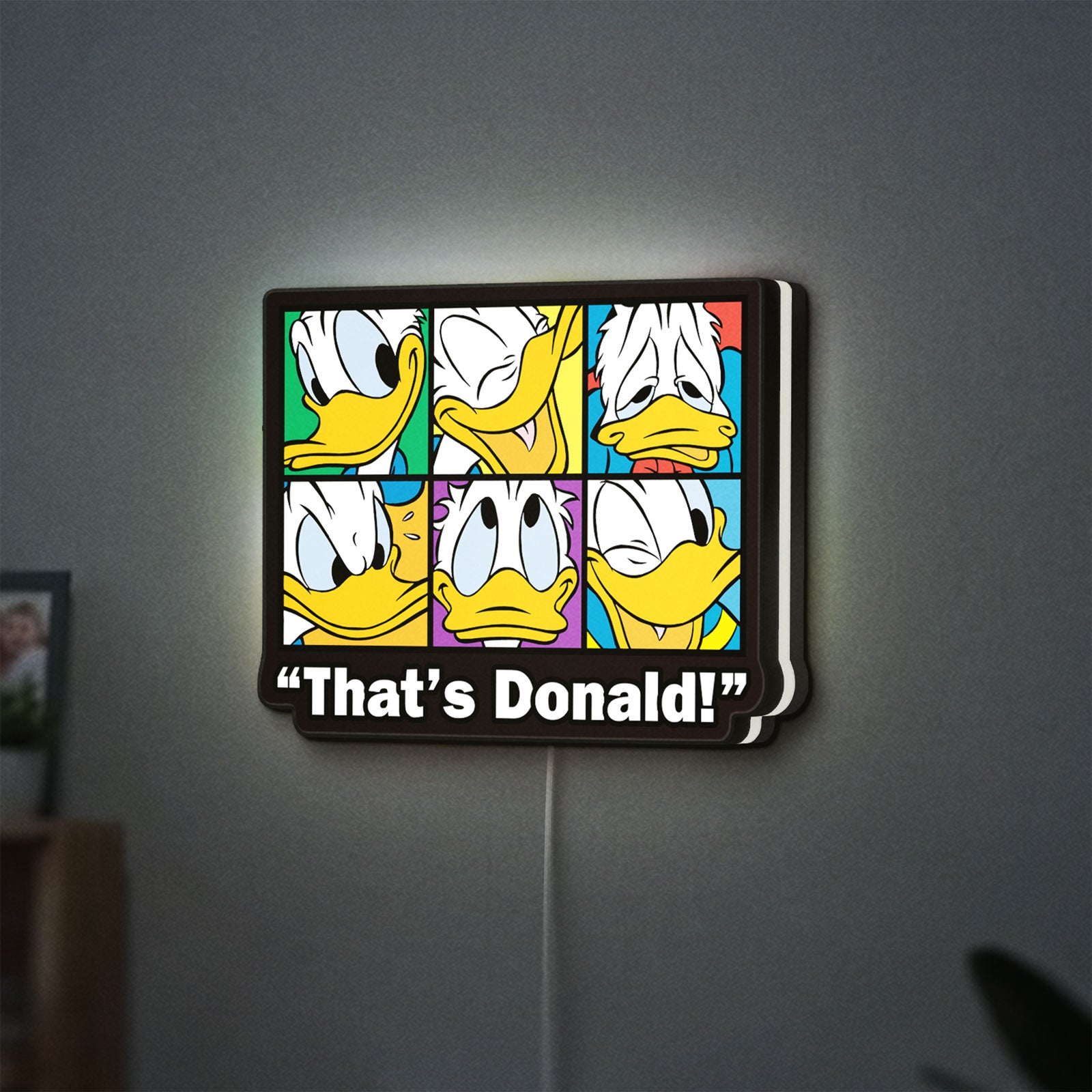 That's Donald LED lightbox hanging on a wall with white glow
