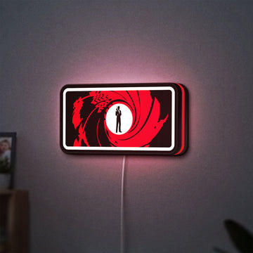 James Bond 007 LED lightbox hanging on a wall with red glow