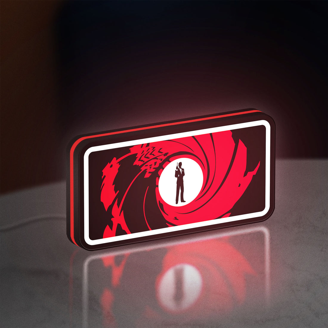 James Bond 007 LED lightbox hanging on a wall with red glow