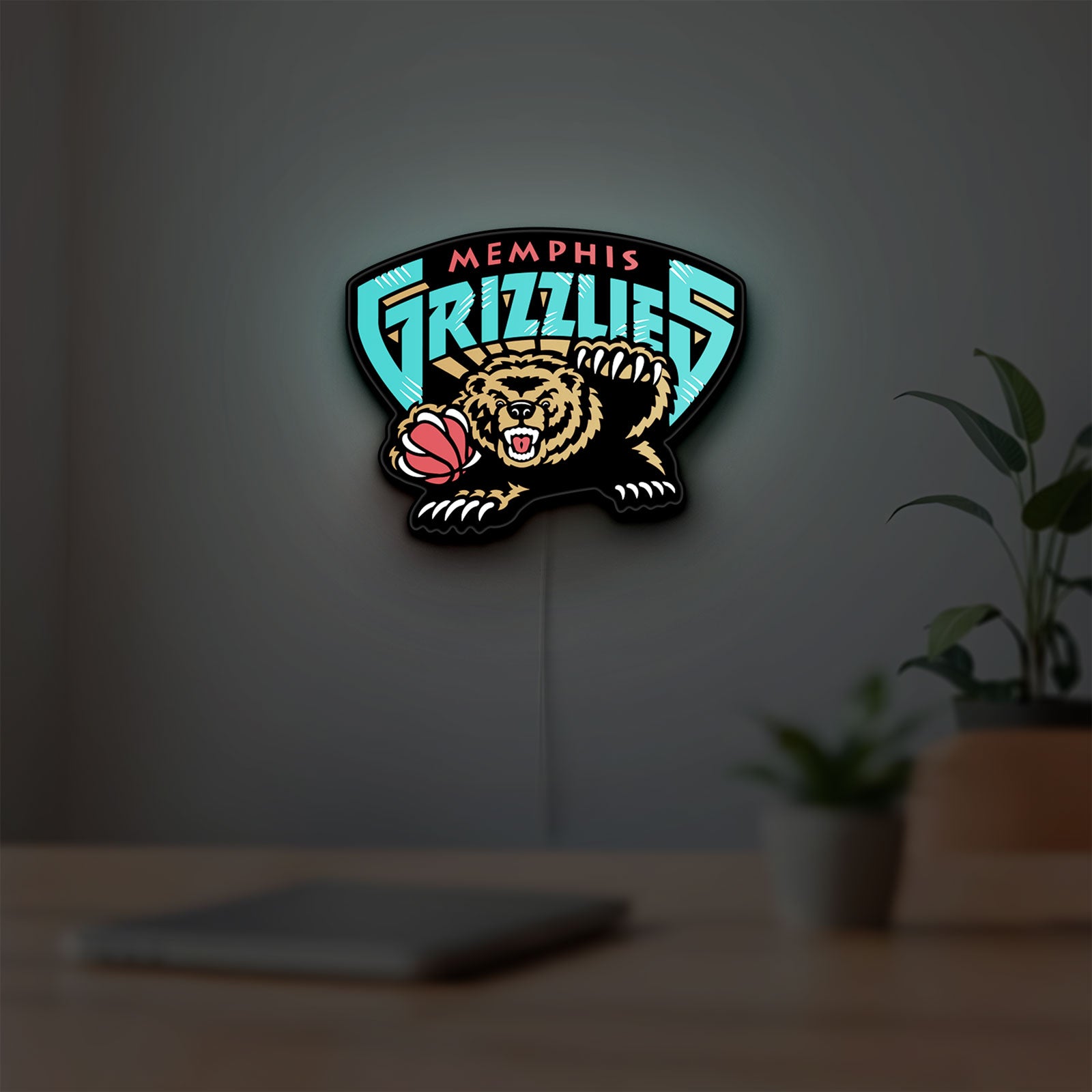 Memphis Grizzlies LED lightbox hanging on a room wall with soft white light