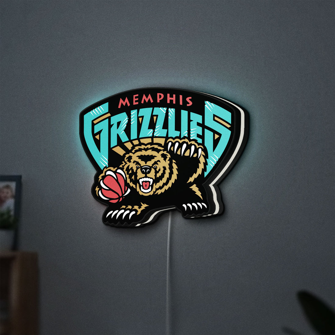 Memphis Grizzlies LED lightbox hanging on a wall with white glow
