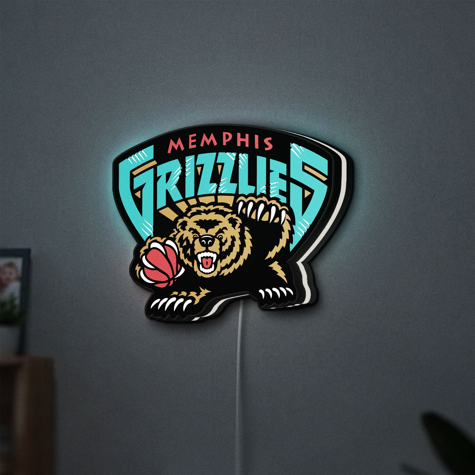 Memphis Grizzlies LED lightbox hanging on a wall with white glow