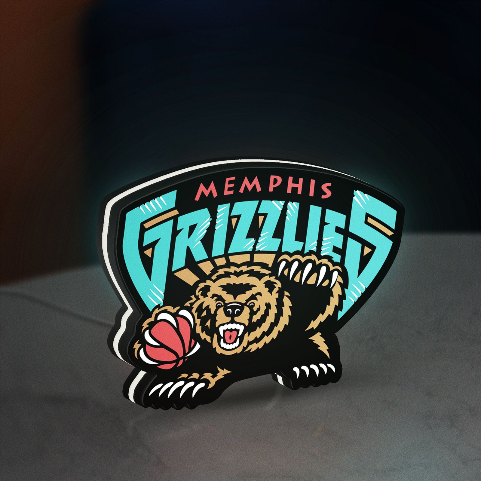 Memphis Grizzlies LED lightbox standing on a desk from an angled side view with white glow