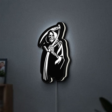 Death Metal LED lightbox hanging on a wall with white glow