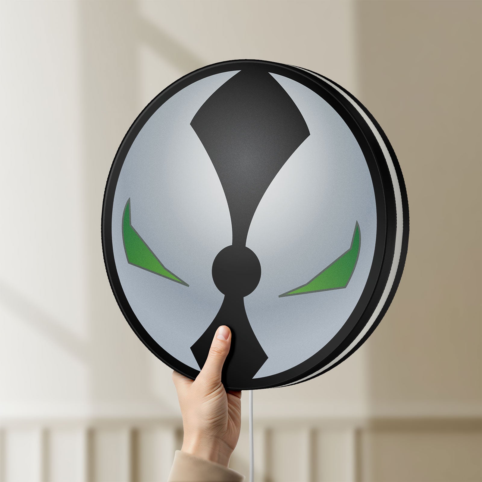 Unlit Spawn Mask LED lightbox held by hand to show size and details