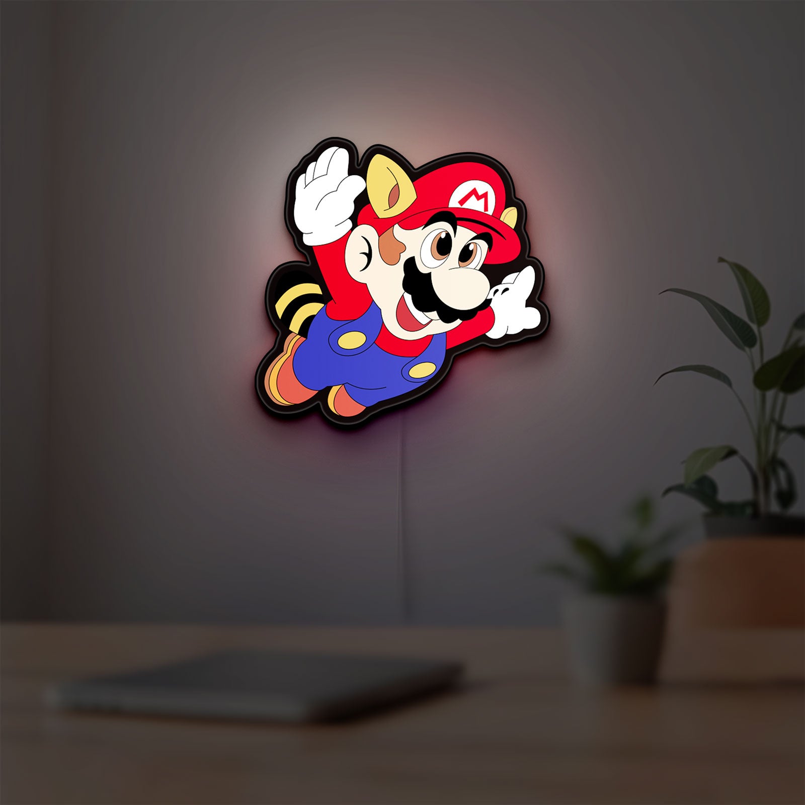 Super Mario LED lightbox hanging on a room wall with soft white light