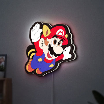 Super Mario LED lightbox hanging on a wall with white glow