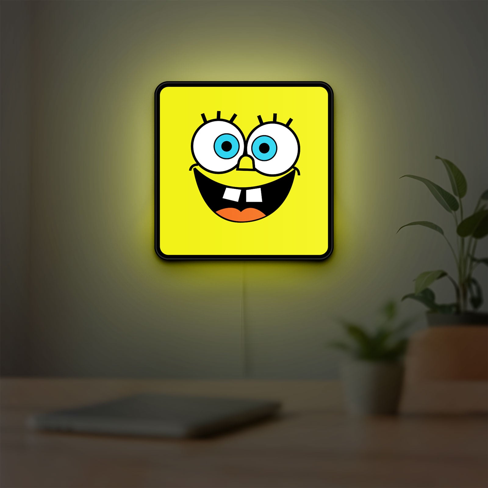 Spongebob Squarepants LED lightbox hanging on a room wall with soft yellow light