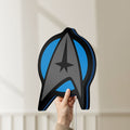 Unlit Star Trek Emblem LED lightbox held by hand to show size and details