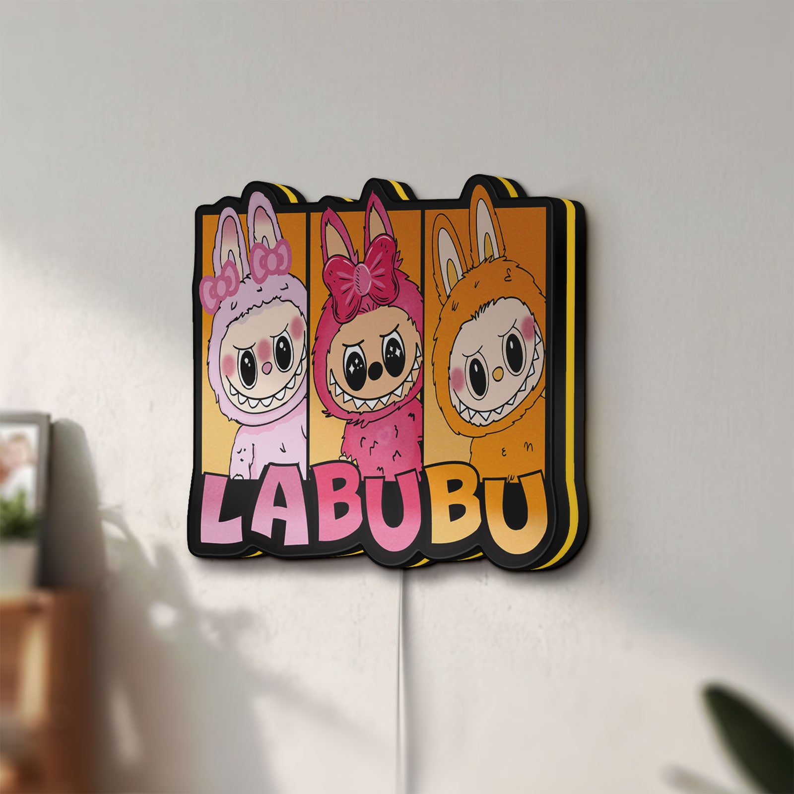 Unlit Labubu LED lightbox mounted on a wall in daylight