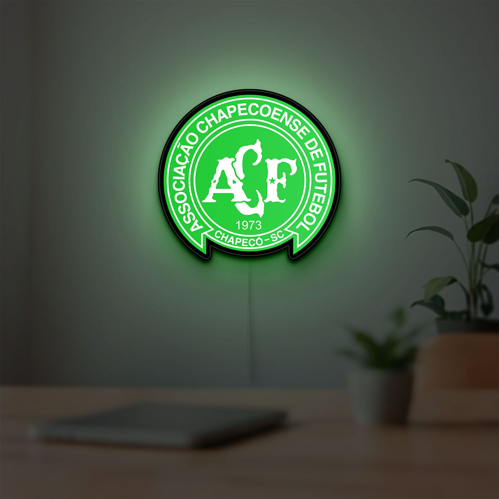 Chapecoense 2017 LED lightbox hanging on a room wall with soft green light