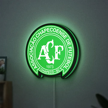 Chapecoense 2017 LED lightbox hanging on a wall with green glow
