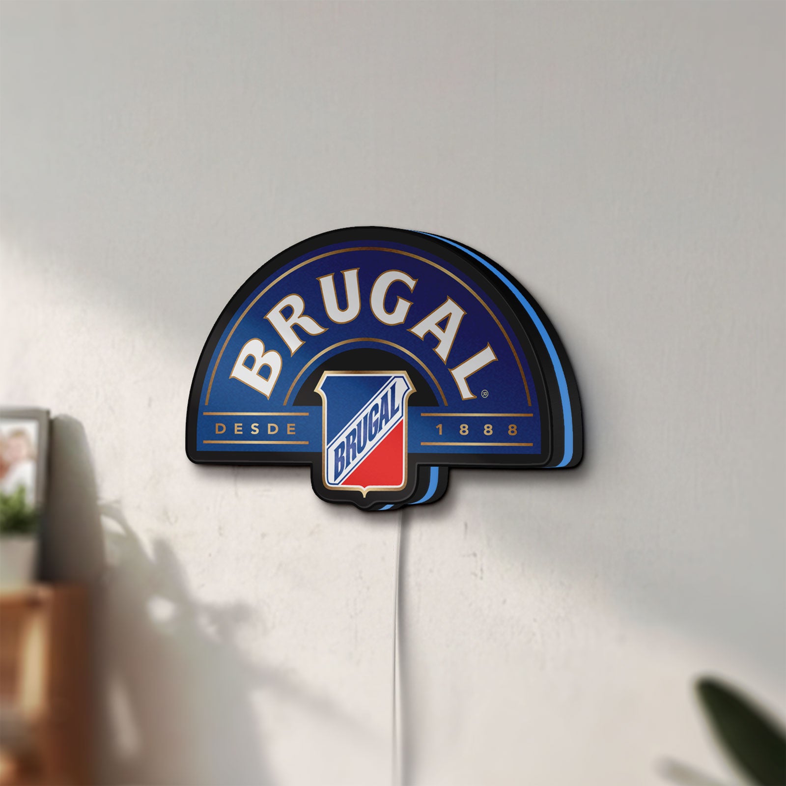 Unlit Brugal LED lightbox mounted on a wall in daylight