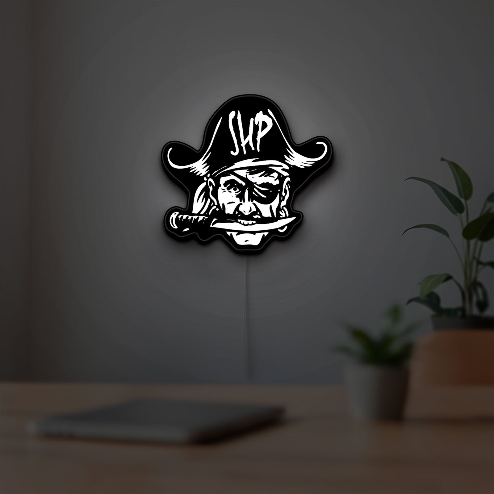 Straw Hat Pirates LED lightbox hanging on a room wall with soft white light