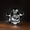 Front view of Straw Hat Pirates LED lightbox sign glowing on a wooden desk