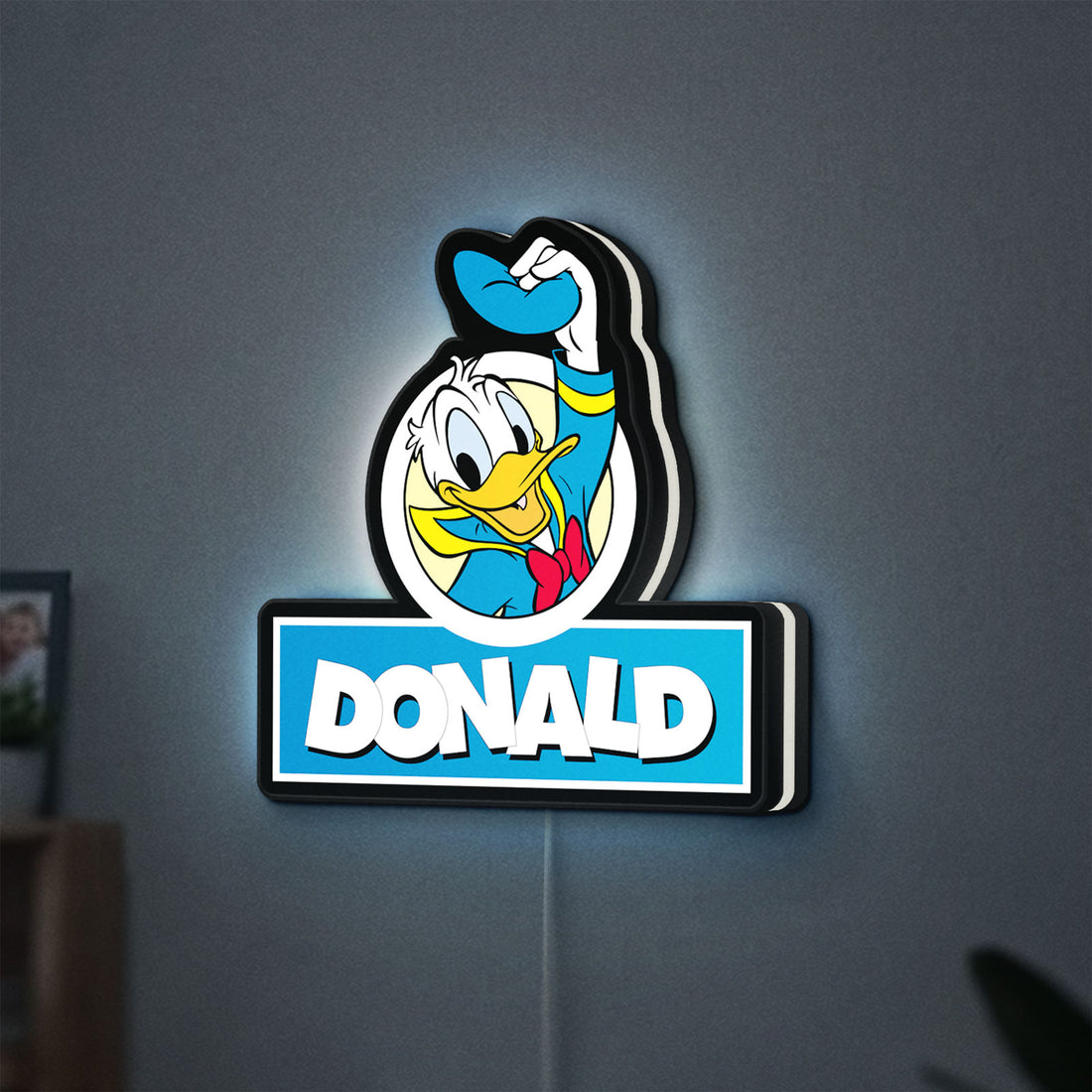 Donald LED lightbox hanging on a wall with white glow
