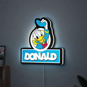Donald LED lightbox hanging on a wall with white glow