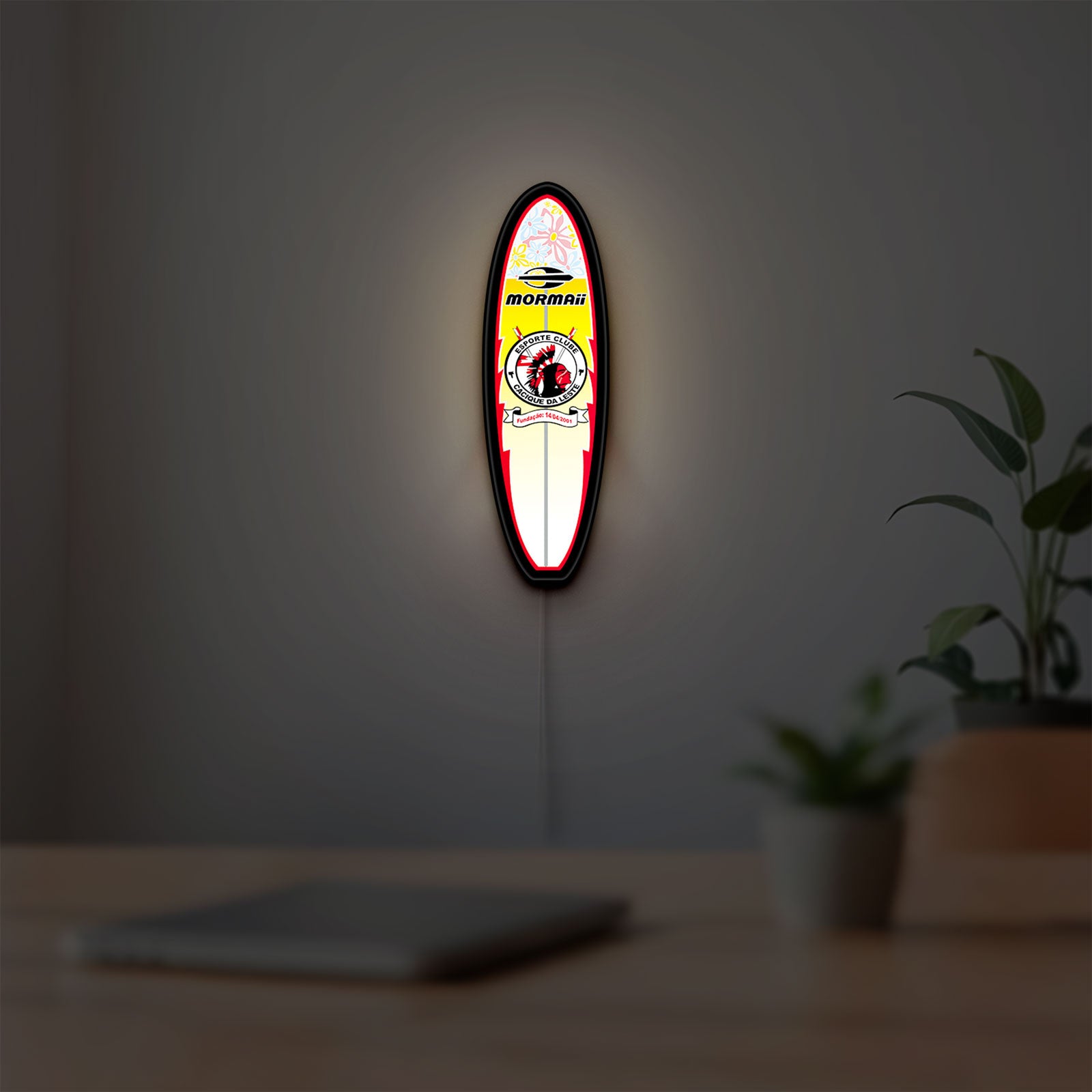 Mormai Surf LED lightbox hanging on a room wall with soft white light