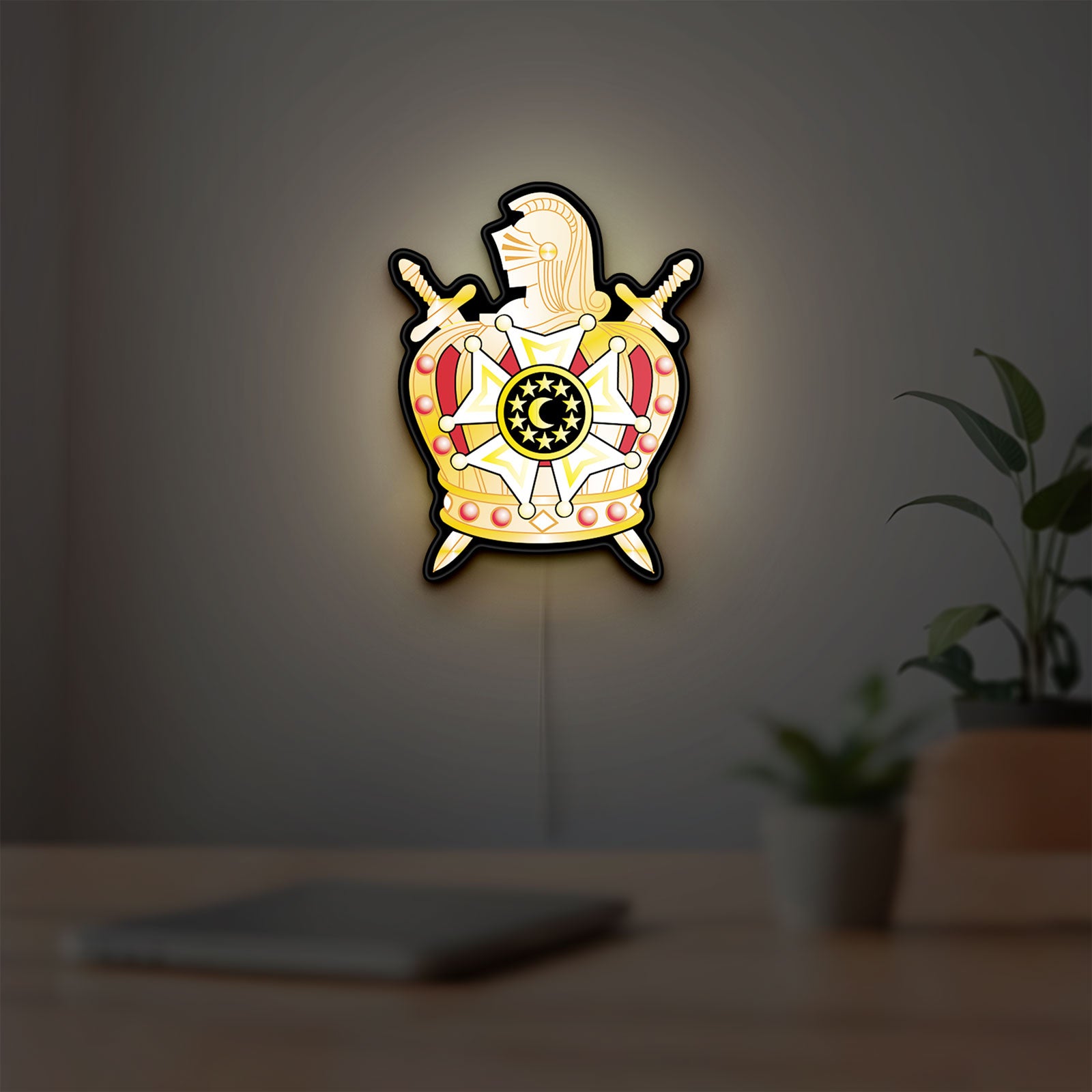 Ordem Demolay LED lightbox hanging on a room wall with soft yellow light
