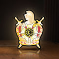 Front view of Ordem Demolay LED lightbox sign glowing on a wooden desk