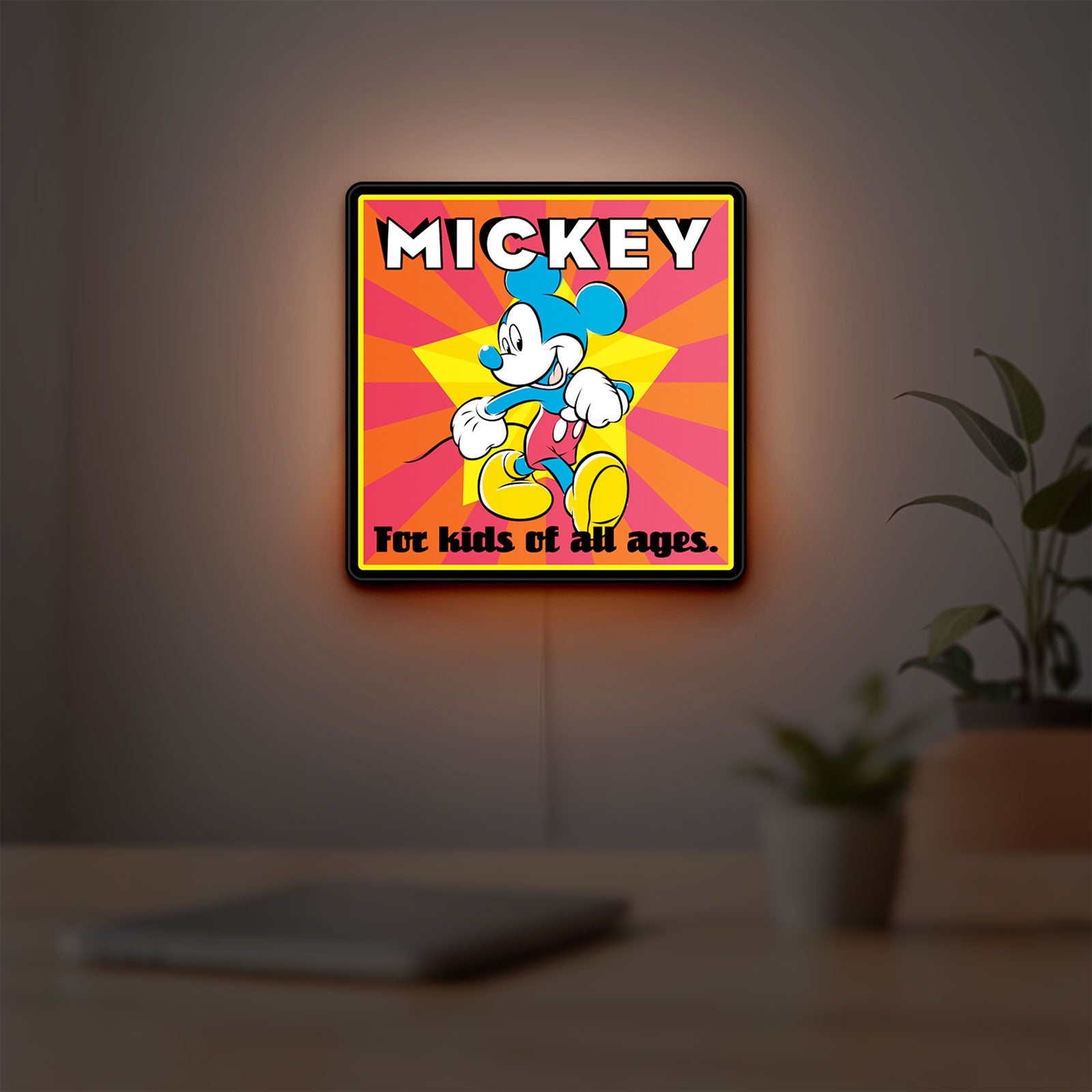 Mickey Mouse LED lightbox hanging on a room wall with soft yellow light