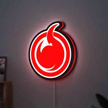 Hell Girl Fire Symbol LED lightbox hanging on a wall with red glow