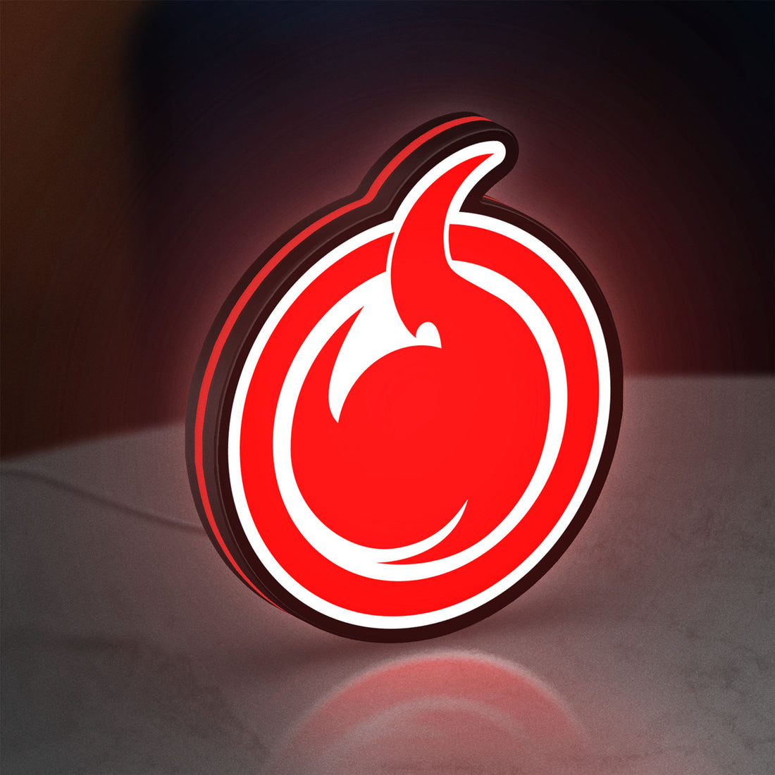 Hell Girl Fire Symbol LED lightbox hanging on a wall with red glow