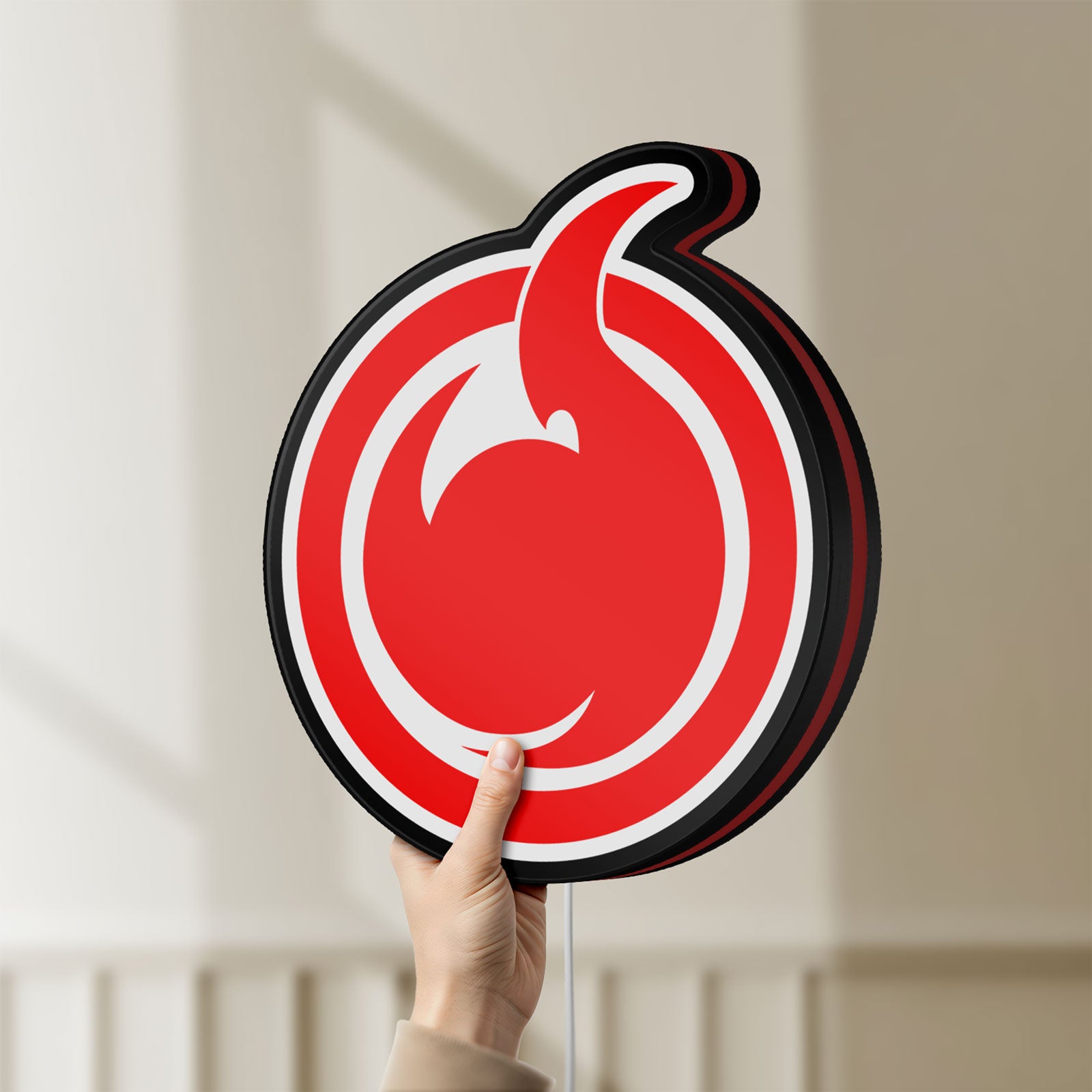 Unlit Hell Girl Fire Symbol LED lightbox held by hand to show size and details