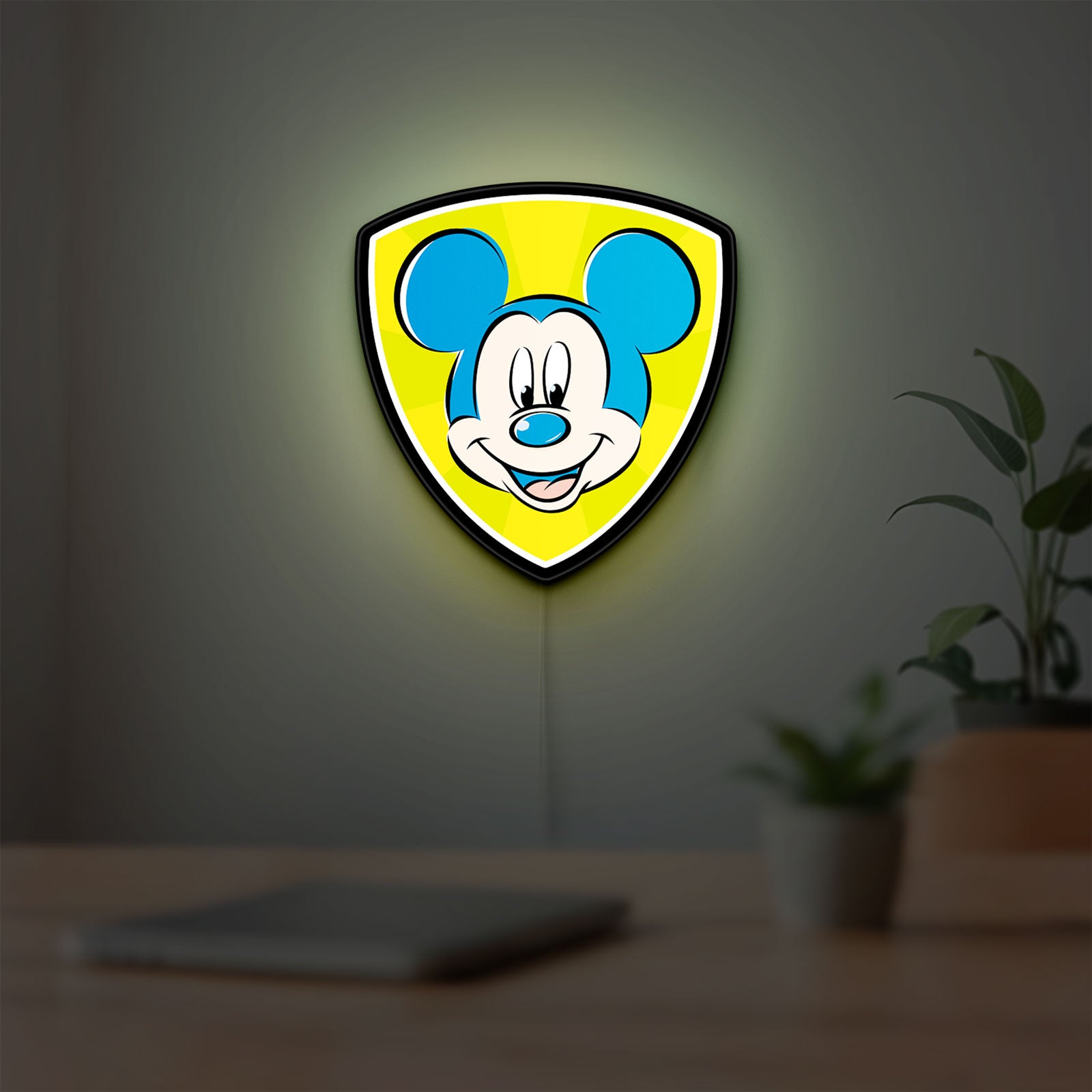 Mickey Mouse LED lightbox hanging on a room wall with soft yellow light
