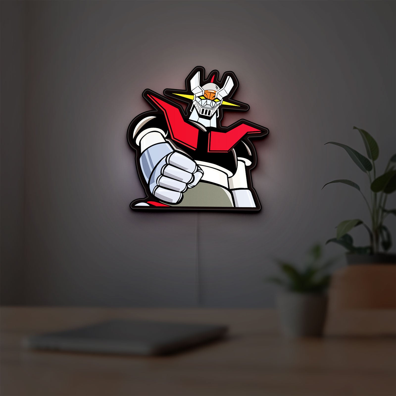 Mazinger Z LED lightbox hanging on a room wall with soft white light