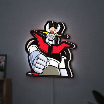 Mazinger Z LED lightbox hanging on a wall with white glow