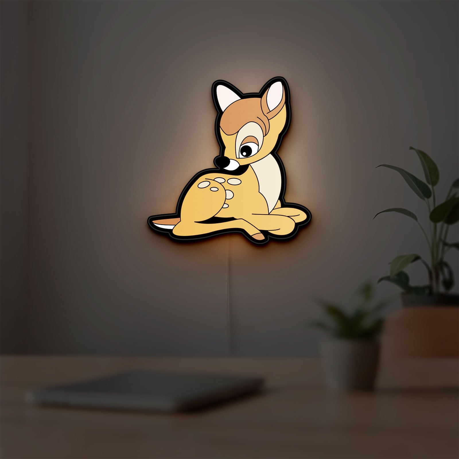 Bambi LED lightbox hanging on a room wall with soft yellow light