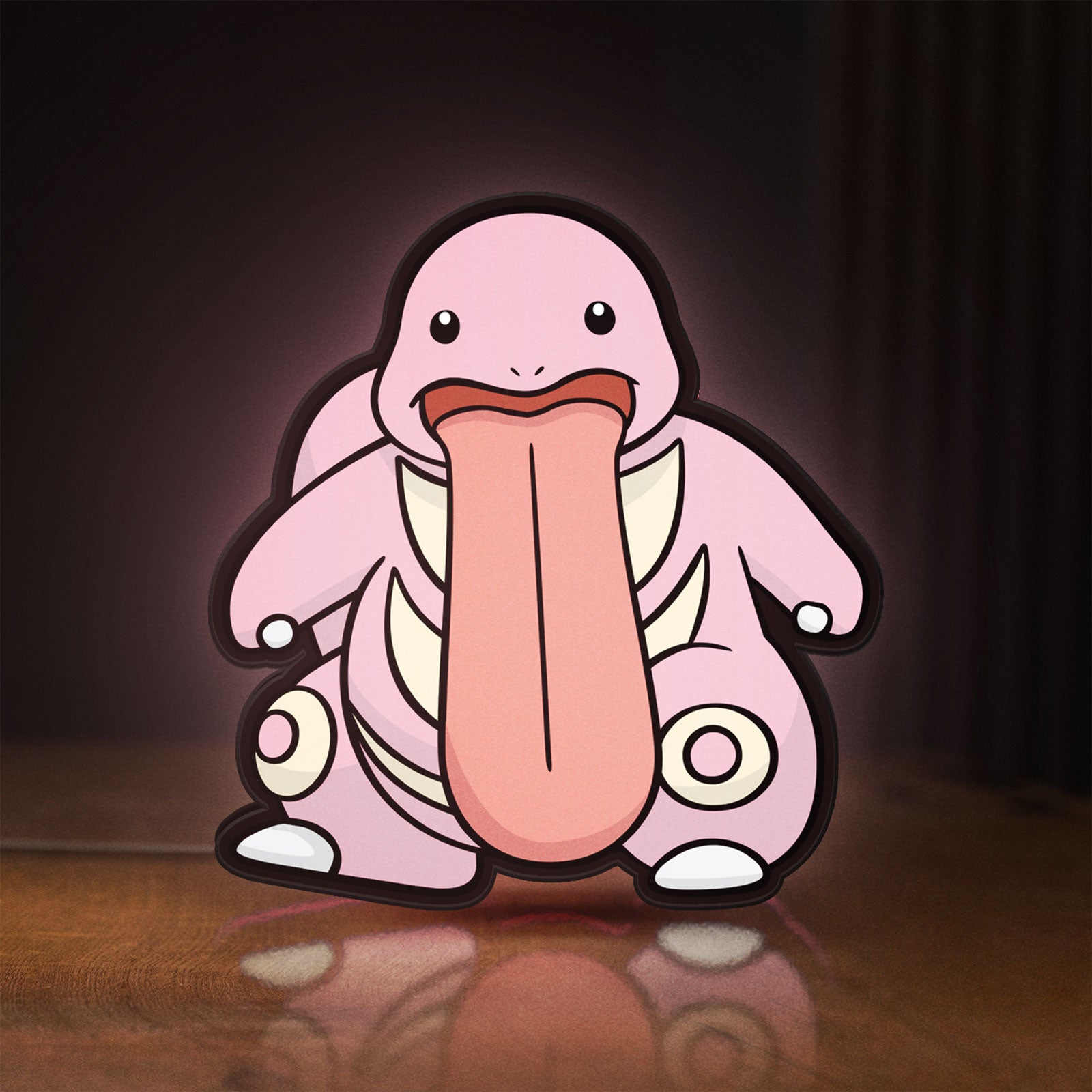 Front view of Lickitung LED lightbox sign glowing on a wooden desk