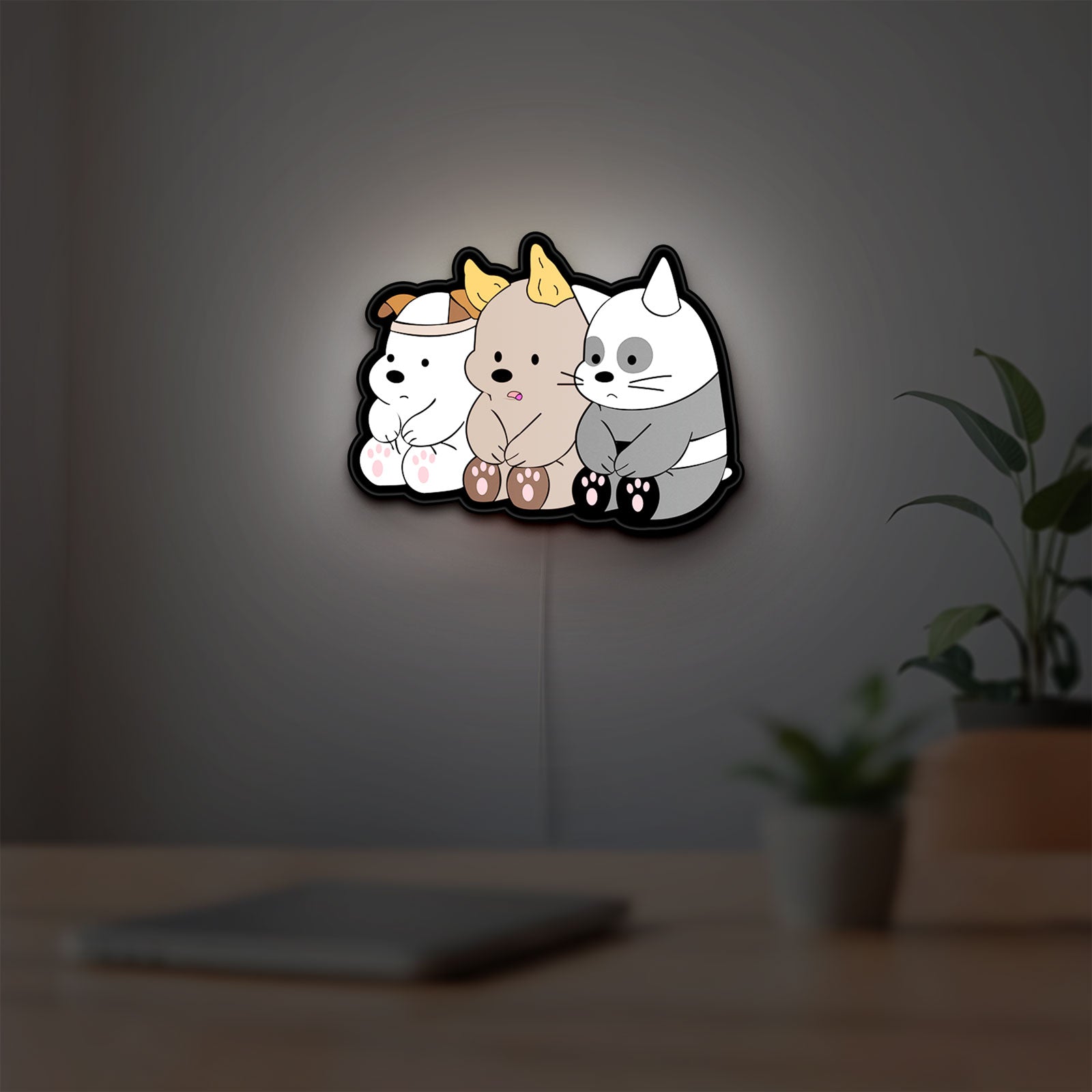 We Bare Bears LED lightbox hanging on a room wall with soft white light