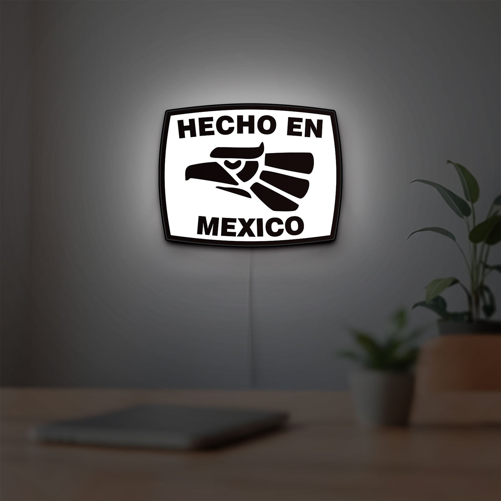 Hecho en Mexico LED lightbox hanging on a room wall with soft white light